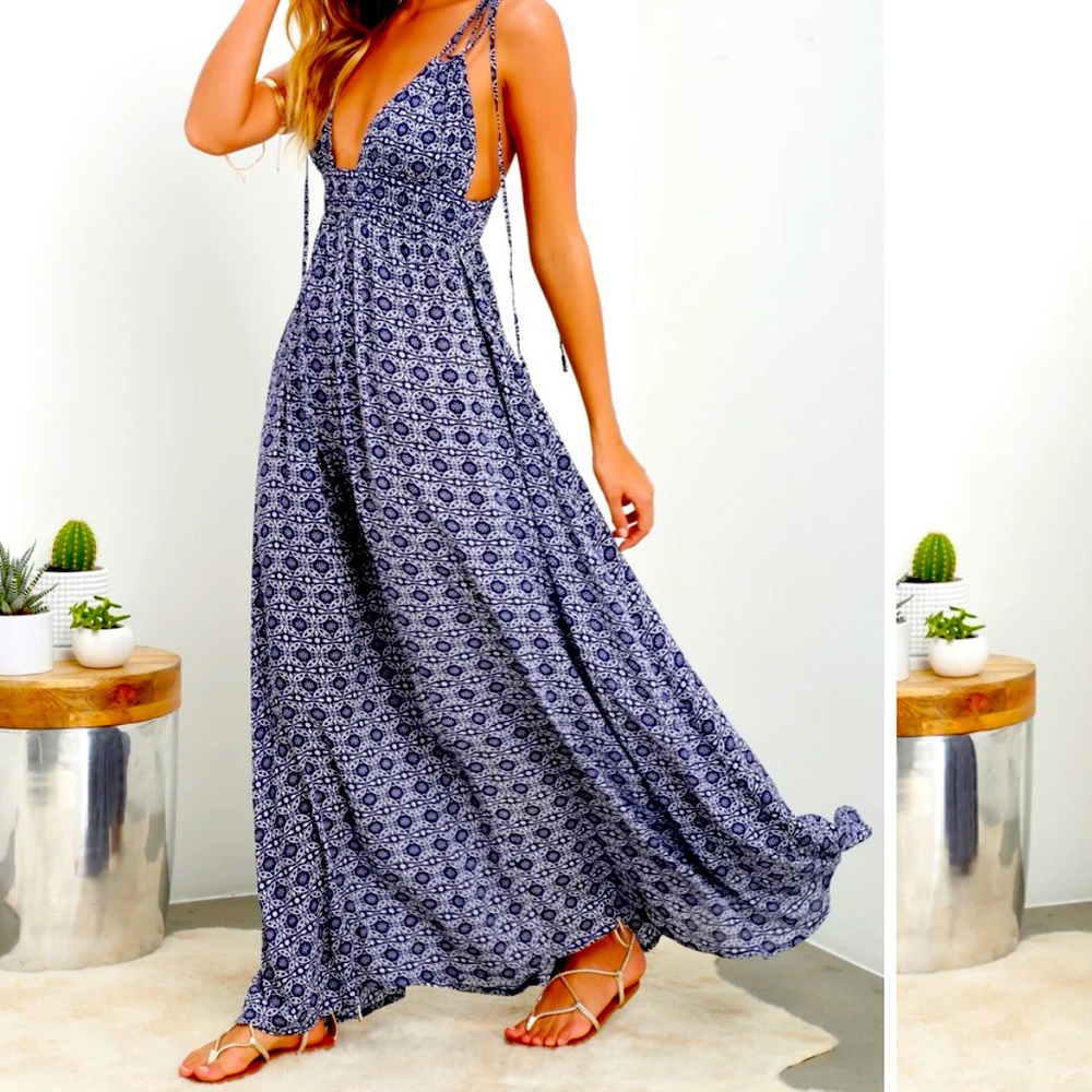 Lulus Field Day Navy Blue Print Tie-Strap Maxi Dress